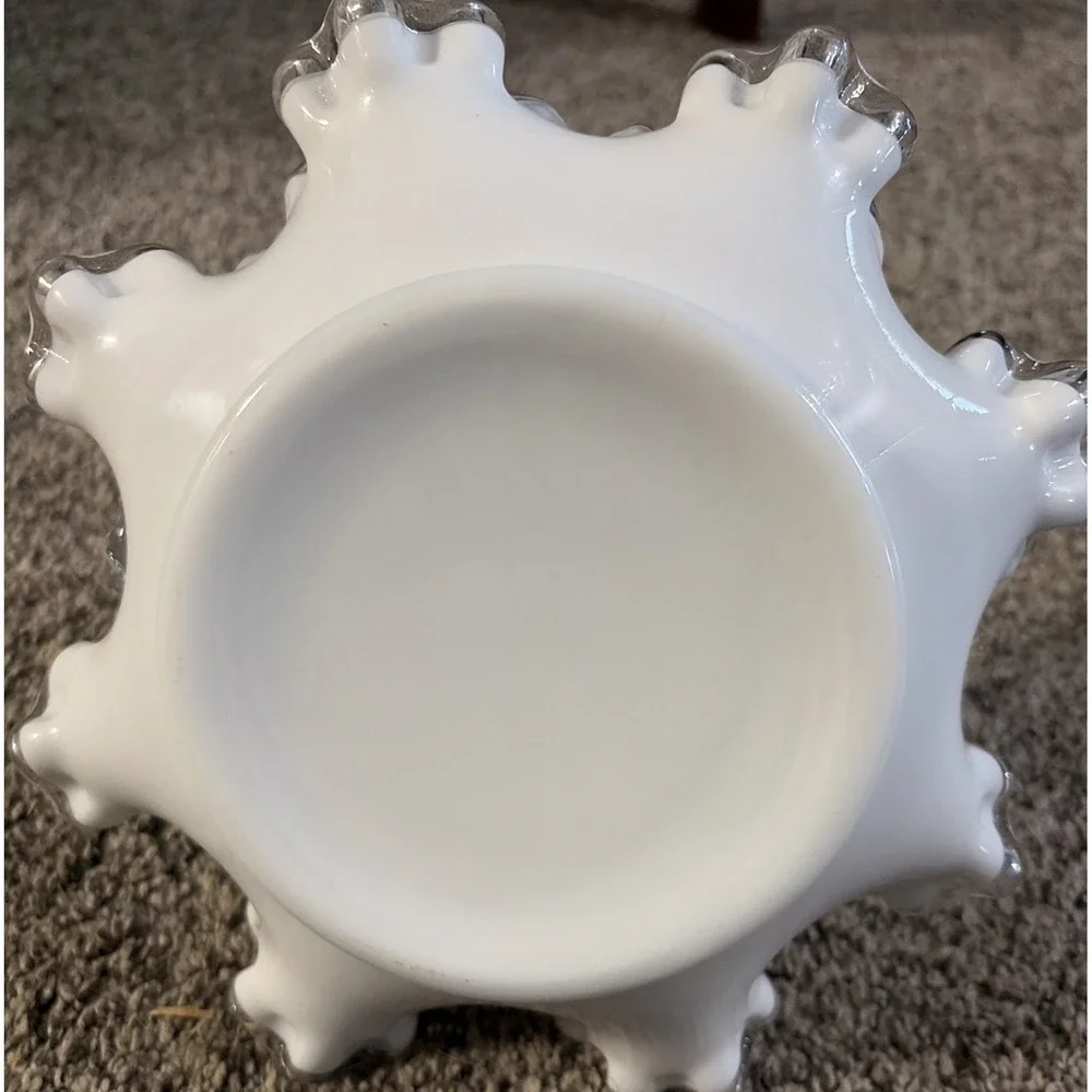 Vintage Fenton Silver Crest Milk Glass Basket Ruffled Edge Clear Glass Handle